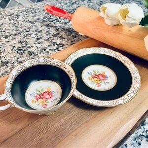 Vintage Green and Gold Floral Teacup and Saucer